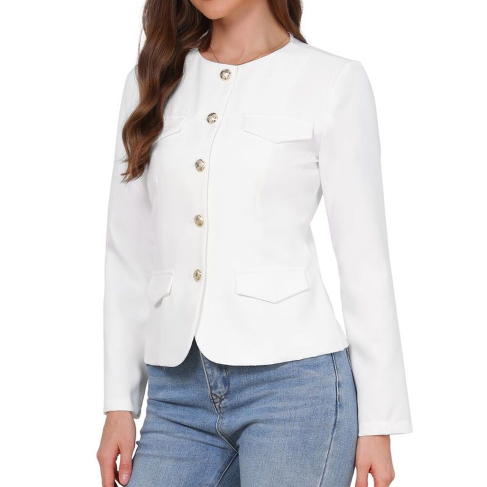 Women Collarless Button Down Fitted Business Casual Blazer Jacket White